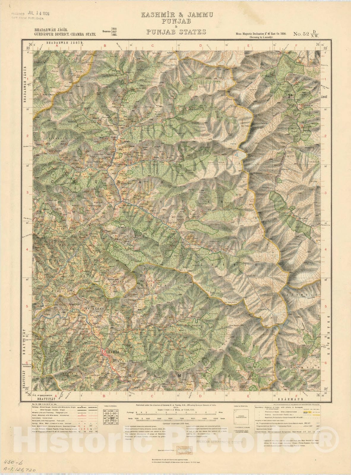 Map : Bhadarwah Jagir, Gurdaspur District, Chamba State, Punjab & Punjab States, No. 52 D/N.W. 1924, India and adjacent countries, Antique Vintage Reproduction