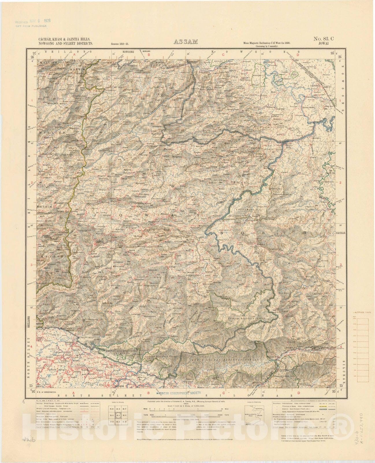 Map : Cachar, Khasi & Jaintia Hills, Nowgong and Sylhet Districts, Assam, No. 83 C Jowai 1924, India 1:253,440, Antique Vintage Reproduction