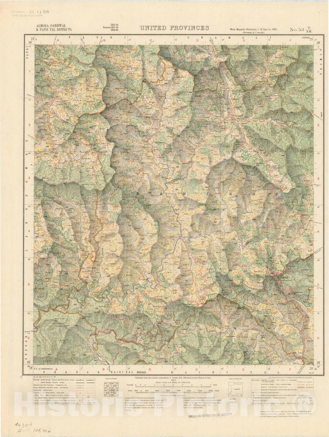 Map : Almora, Garhwal & Naini Tal Districts, United Provinces, No. 53 O/N.W. 1924, India and adjacent countries, Antique Vintage Reproduction