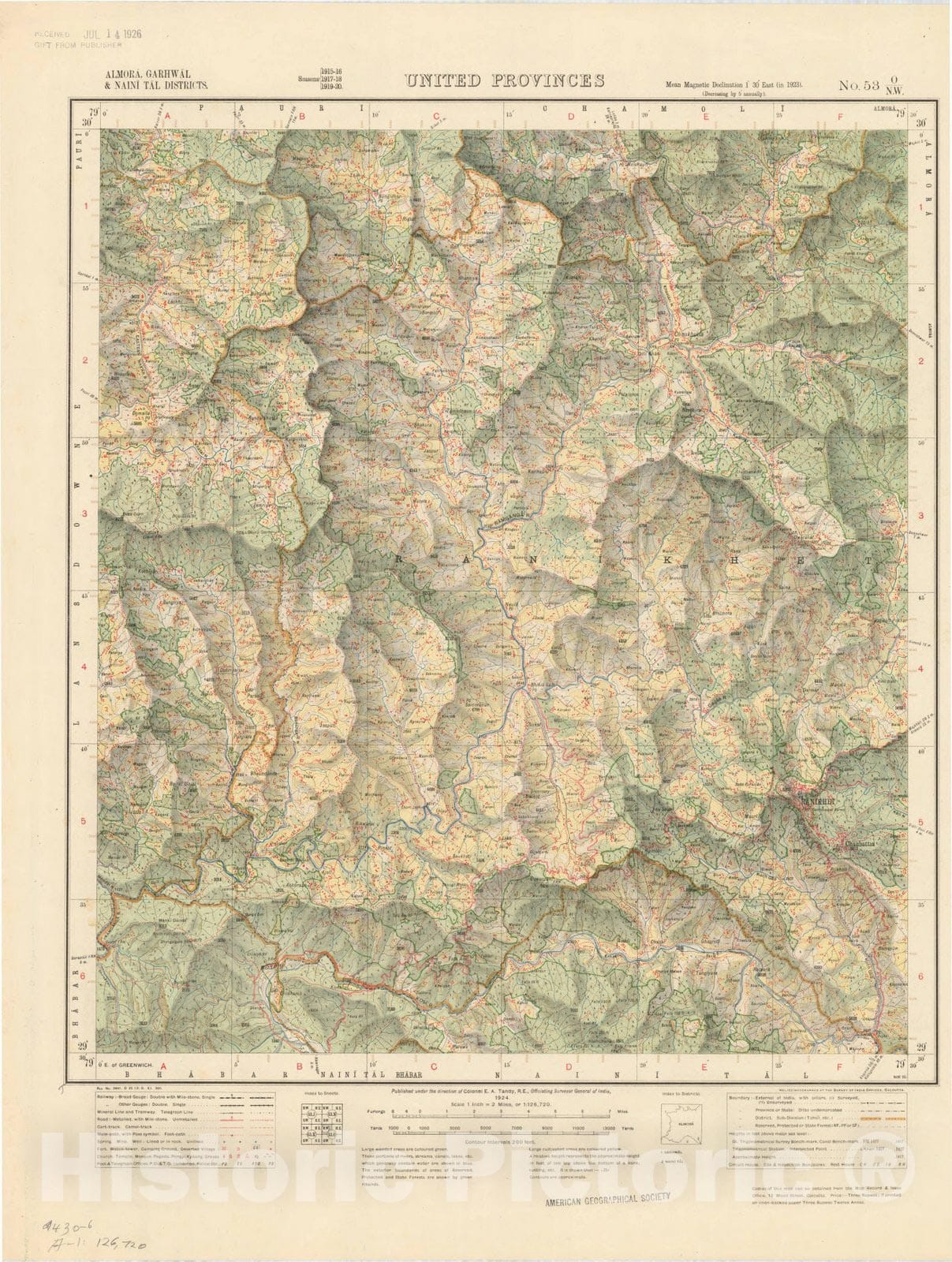 Map : Almora, Garhwal & Naini Tal Districts, United Provinces, No. 53 O/N.W. 1924, India and adjacent countries, Antique Vintage Reproduction