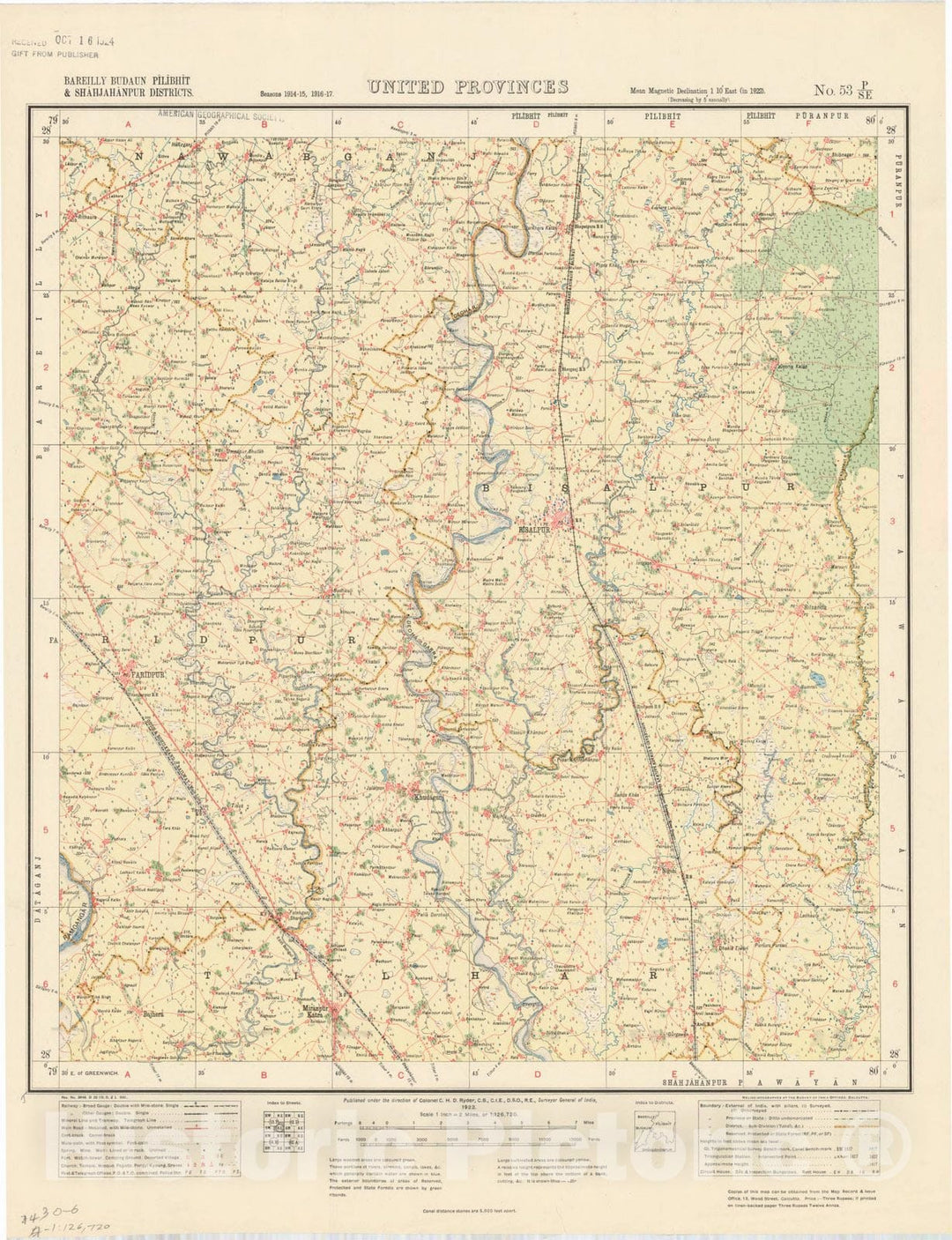 Map : Bareilly Budaun Pilibhit & Shahjahanpur Districts, United Provinces, No. 53 P/S.E. 1922, India and adjacent countries, Antique Vintage Reproduction