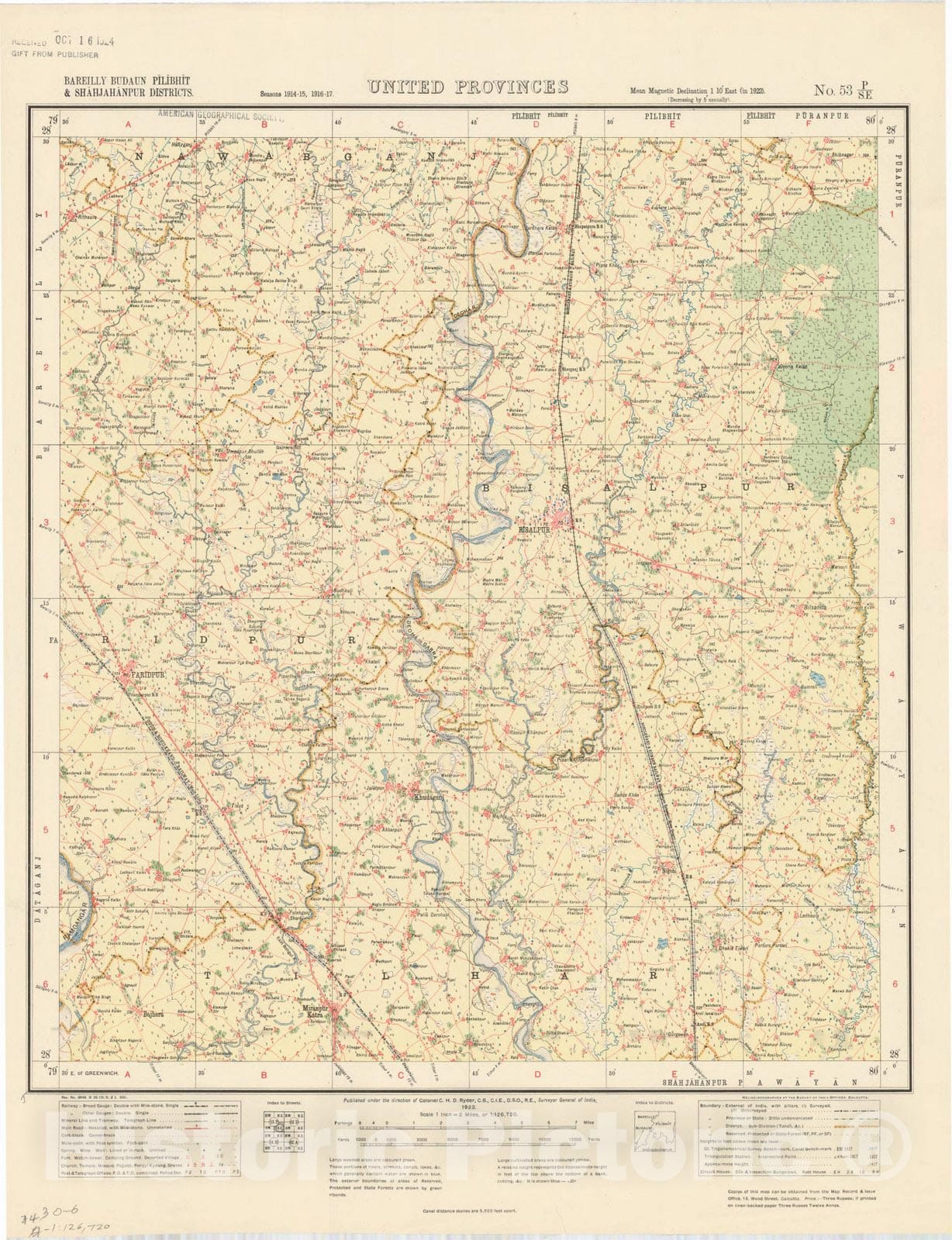 Map : Bareilly Budaun Pilibhit & Shahjahanpur Districts, United Provinces, No. 53 P/S.E. 1922, India and adjacent countries, Antique Vintage Reproduction