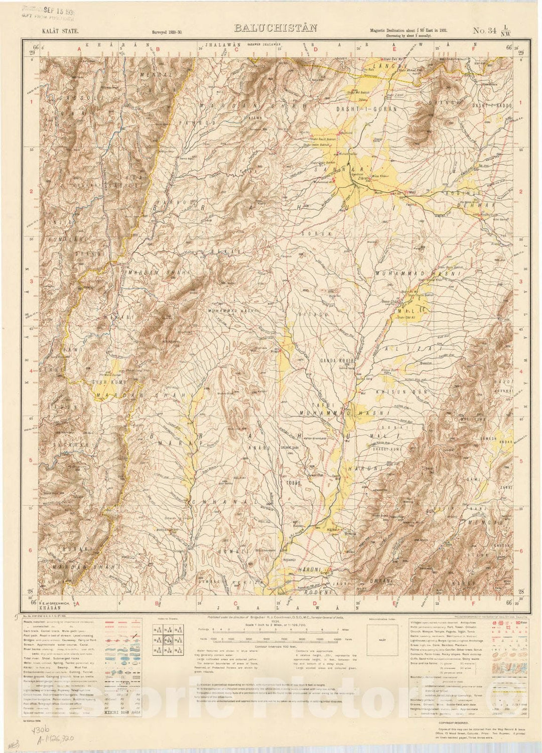 Map : Kalat State, Baluchistan, No. 34 L/N.W. 1934, India and adjacent countries, Antique Vintage Reproduction