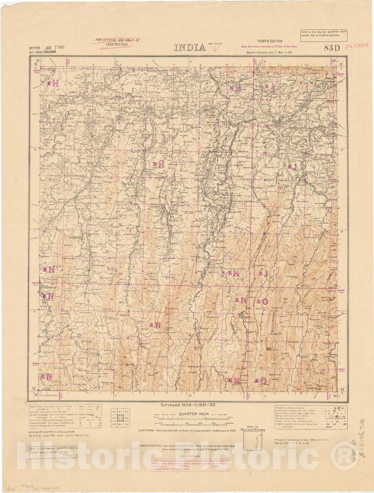 Map : Silchar, India 83 D 1943, India 1:253,440, Antique Vintage Reproduction