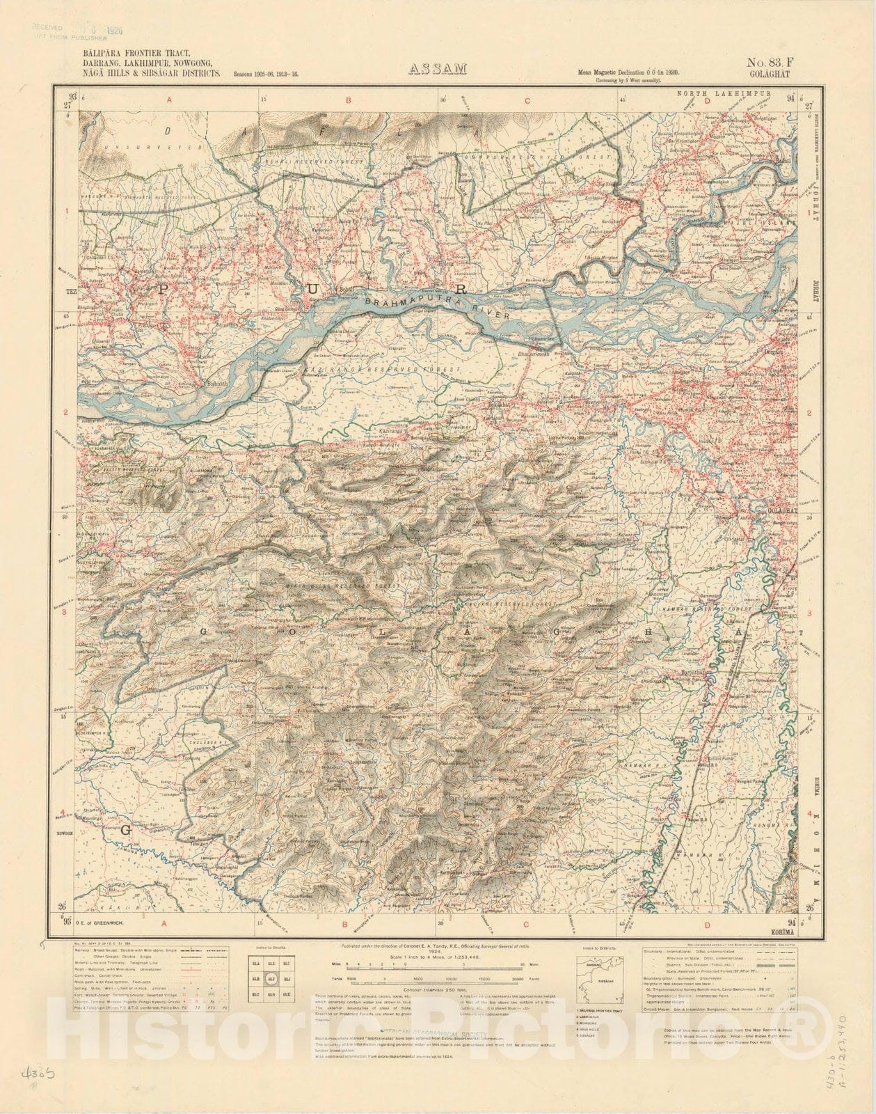 Historic Map : Balipara Frontier Tract, Darrang, Lakhimpur, Nowgong, Naga Hills & Sibsagar Districts, Assam, No. 83 F. Golaghat 1924, India 1:253,440, Antique Vintage Reproduction