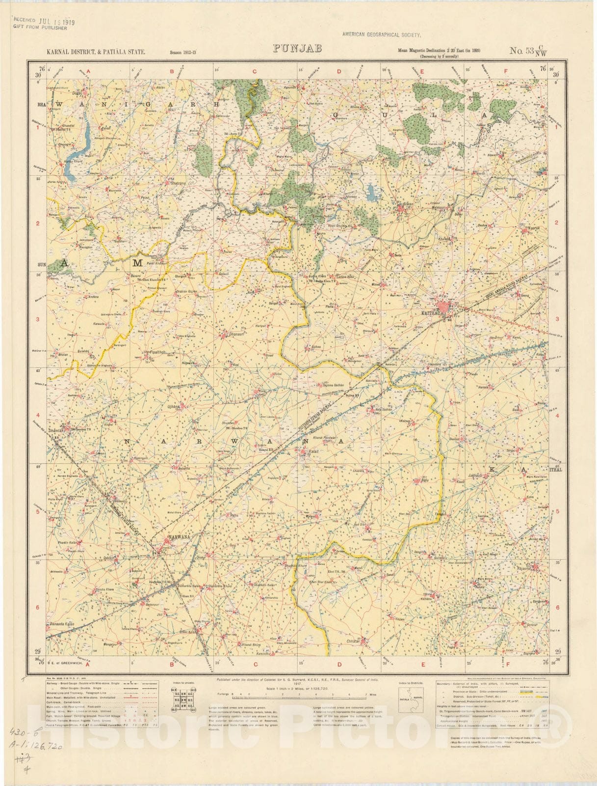 Map : Karnal District, & Patiala State, Punjab No. 53 C/N.W. 1917, India and adjacent countries, Antique Vintage Reproduction