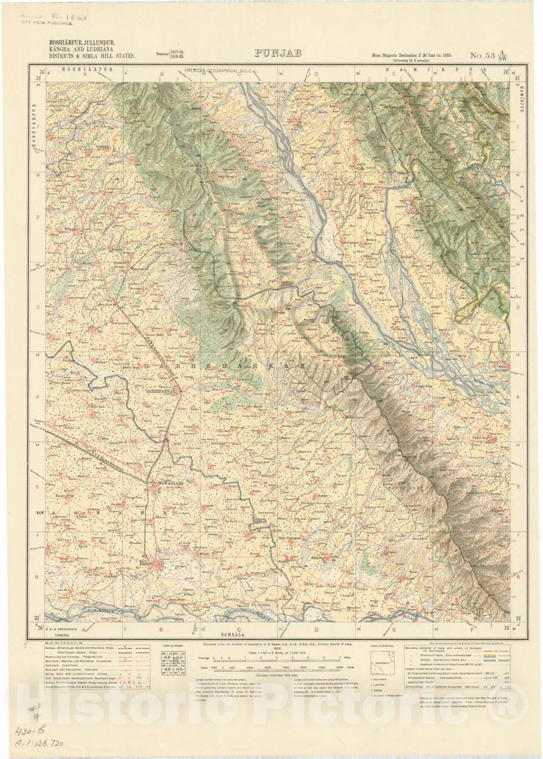 Map : Hoshiarpur, Jullundur, Kangra and Ludhiana Districts & Simla Hill States, Punjab No. 53 A/S.W. 1922, India and adjacent countries, Antique Vintage Reproduction