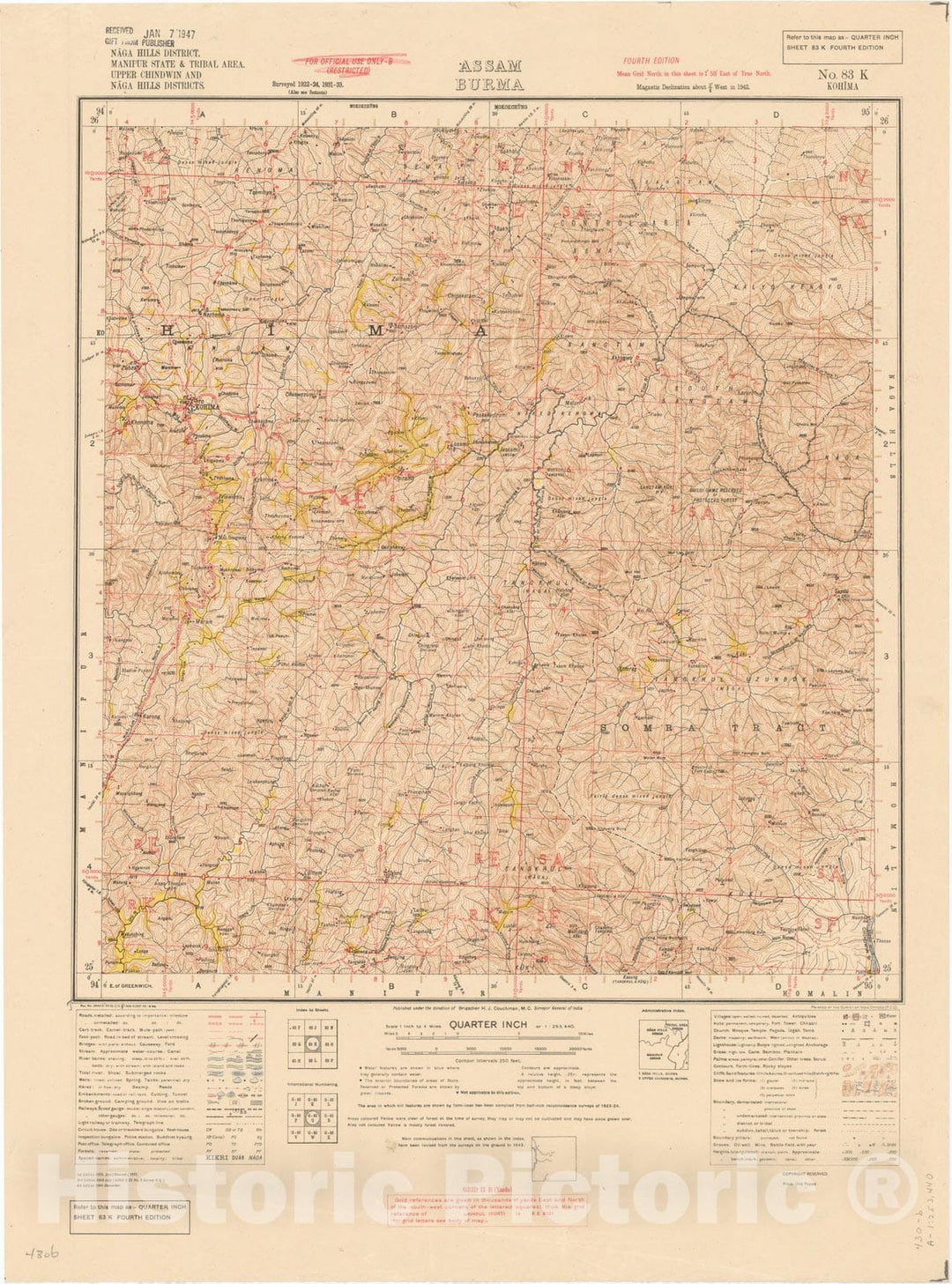 Map : Naga Hills District, Manipur State & Tribal area, Upper Chindwin and Naga Hills Districts, Assam, Burma, No. 83 K Kohima 1945, India 1:253,440