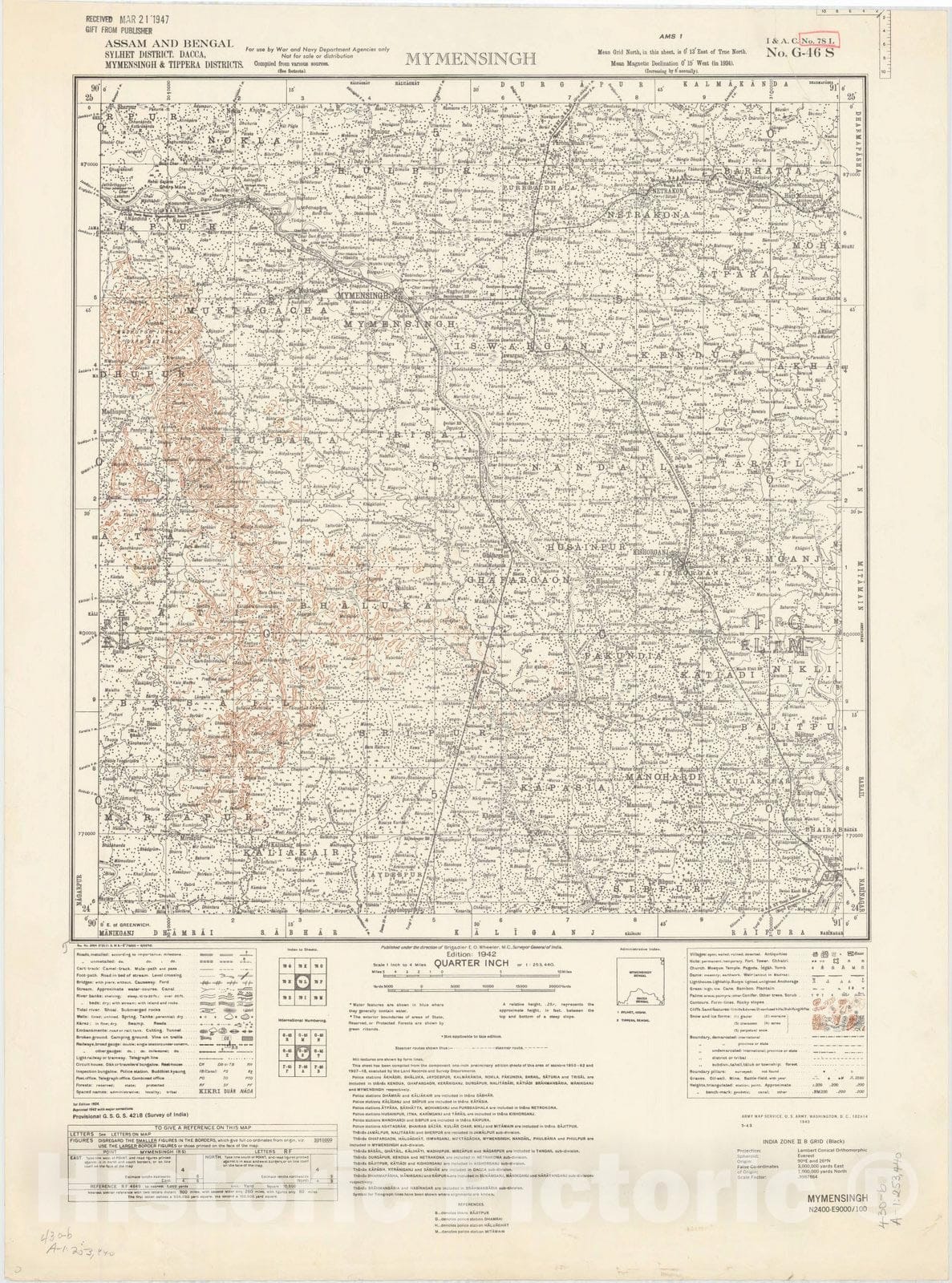 Map : Assam and Bengal, Sylhet District, Dacca, Mymensingh & Tippera Districts, Mymensingh, No. 78 L 1942, India 1:253,440, Antique Vintage Reproduction