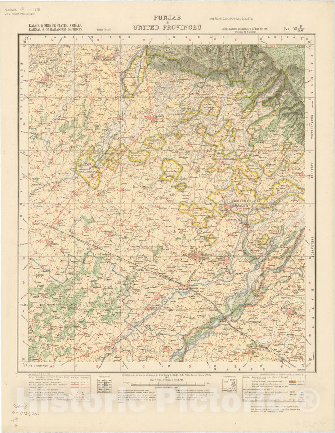 Historic Map : Kalsia & Sirmur States, Ambala Karnal & Saharanpur Districts, Punjab & United Provinces, No. 53 F/S.W. 1917, India and adjacent countries, Antique Vintage Reproduction