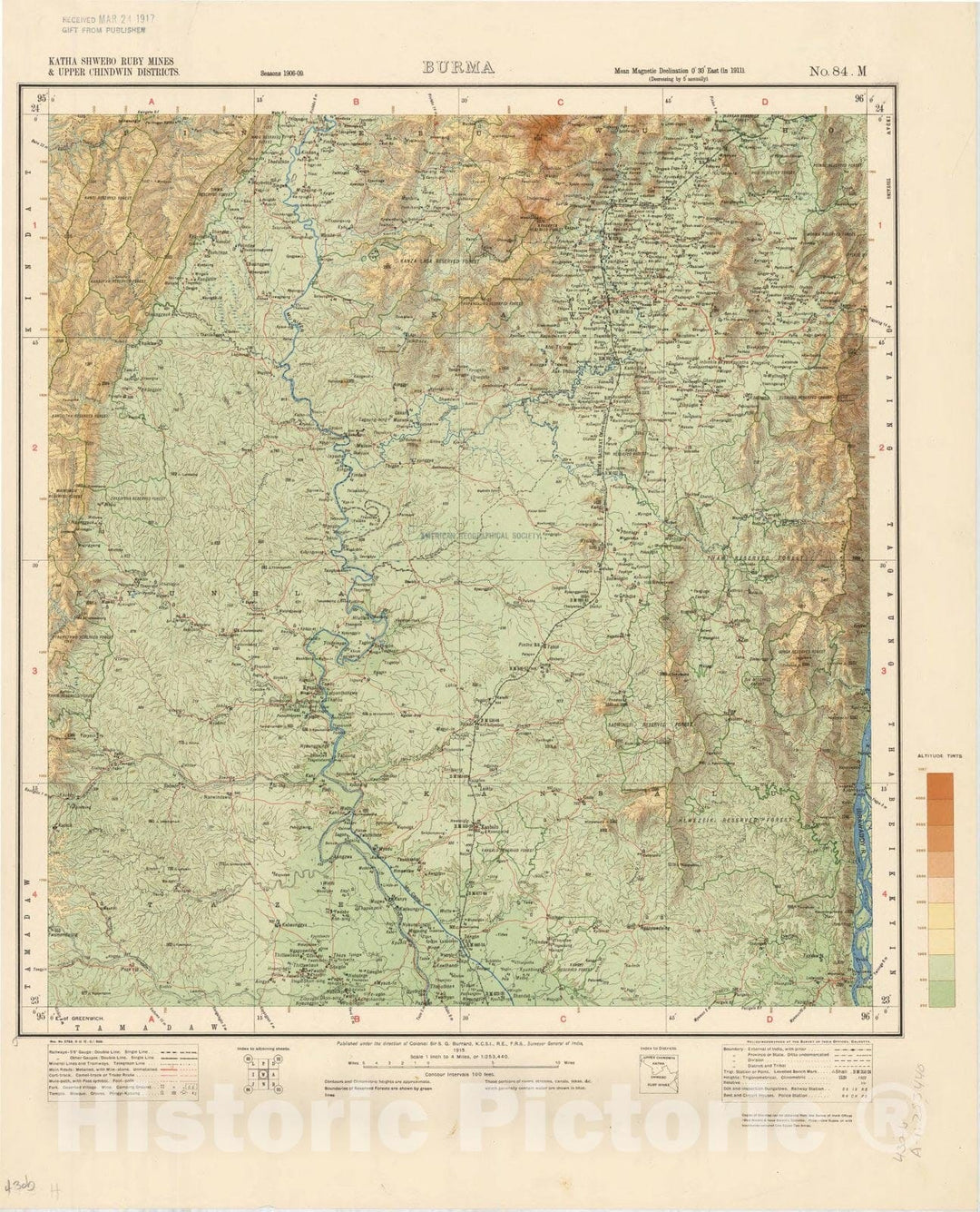 Map : Katha Shwebo Ruby Mines &Upper Chindwin Districts, Burma, No. 84 M 1915, India 1:253,440, Antique Vintage Reproduction