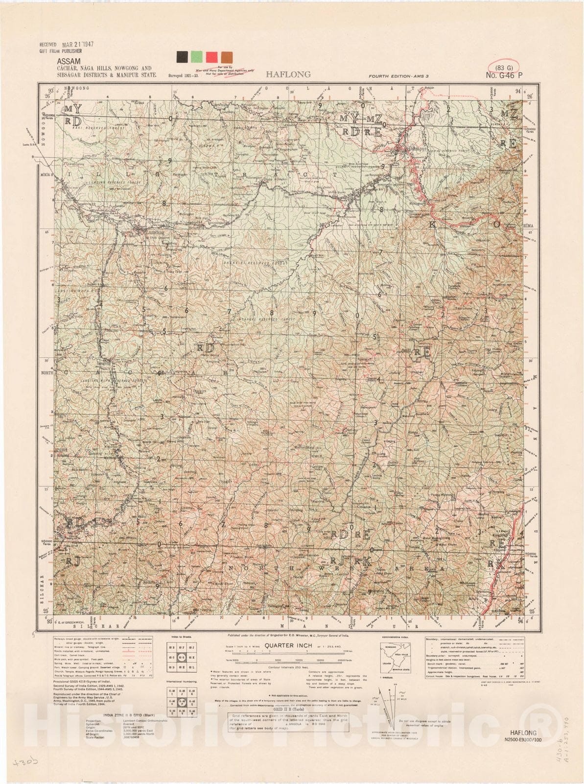 Map : Assam, Cachar, Naga Hills, Nowgong and Sibsagar Districts & Manipur State, Haflong 83 G 1945, India 1:253,440, Antique Vintage Reproduction