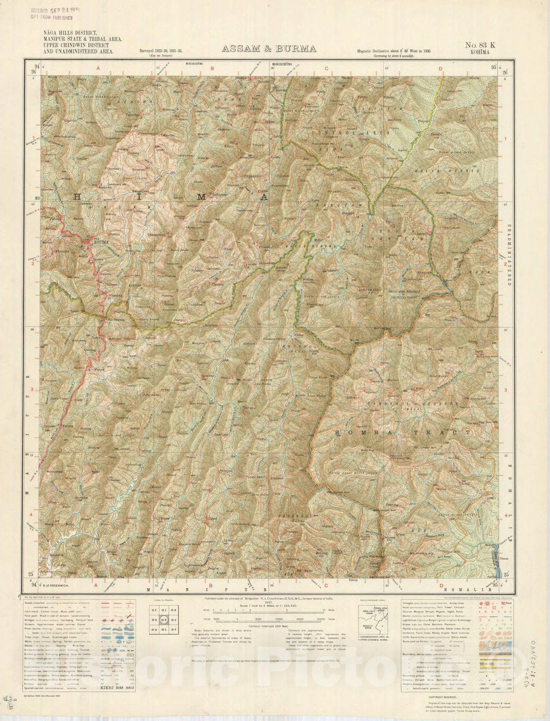 Map : Naga Hills District, Manipur State & Tribal area, Upper chindwin District and unadministered area, Assam & Burma, No. 83 K Kohima 1937, India 1:253,440