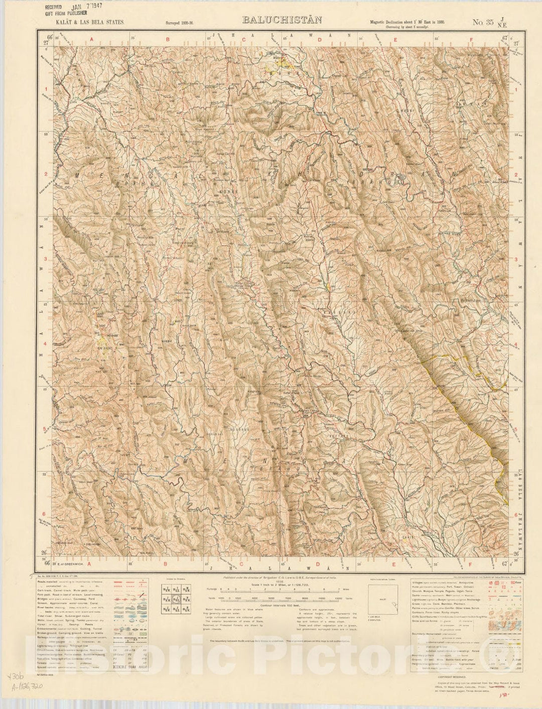 Map : Kalat & Bela States, Baluchistan, No. 35 J/N.E. 1938, India and adjacent countries, Antique Vintage Reproduction