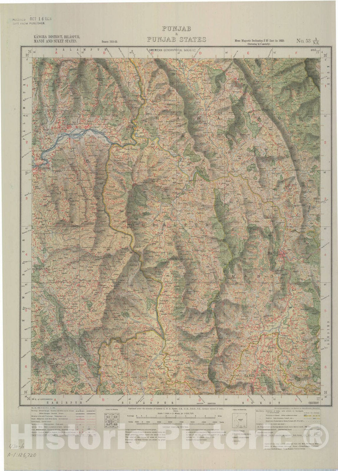 Map : Kangra District, Bilaspur, Mandi and Suket States, Punjab & Punjab States, No. 53 A/N.E. 1923, India and adjacent countries, Antique Vintage Reproduction