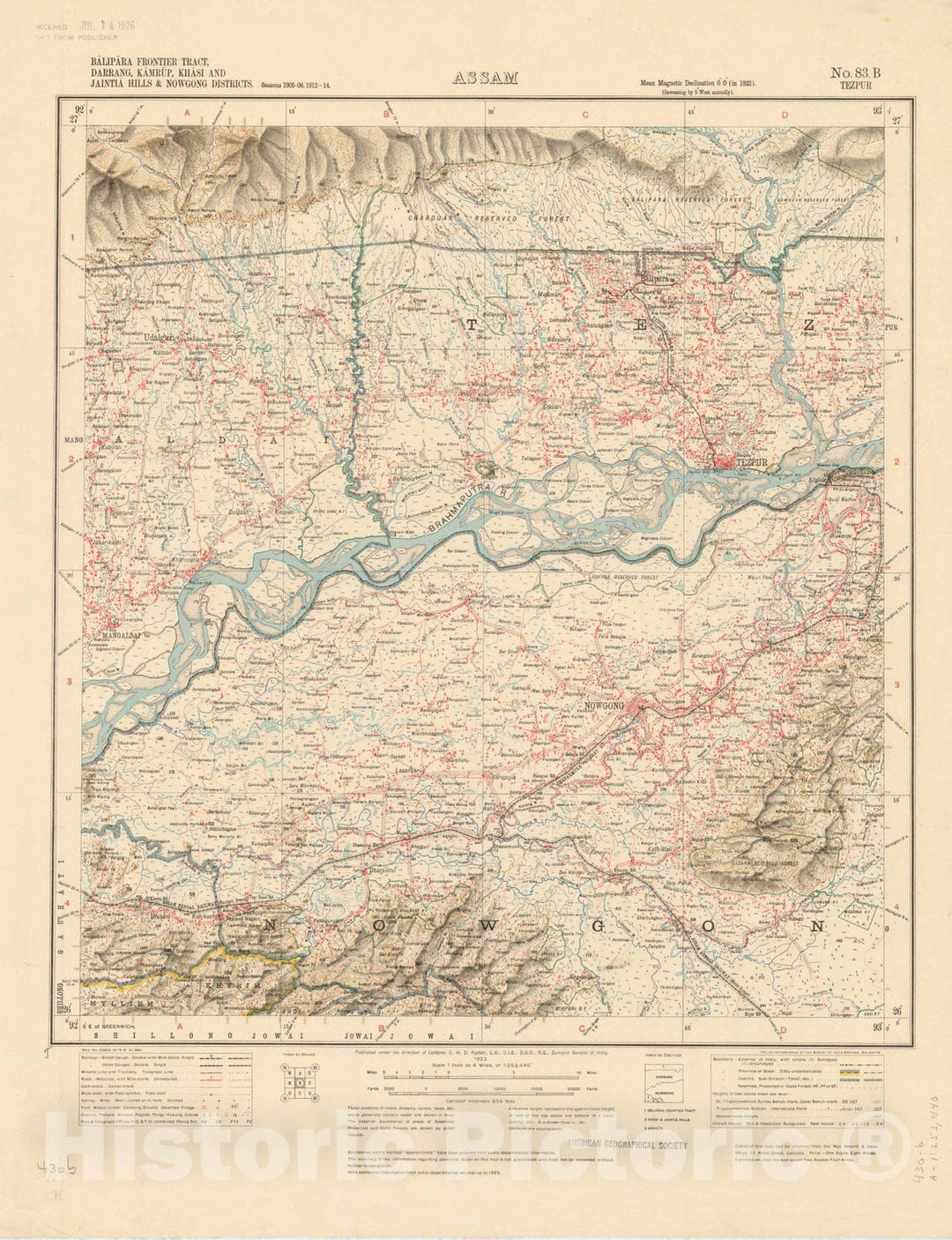 Historic Map : Balipara Frontier Tract, Darrang, Kamrup, Khasi and Jaintia Hills & Nowgong Districts, Assam No. 83 B, Tezpur, 1923, India 1:253,440, Antique Vintage Reproduction