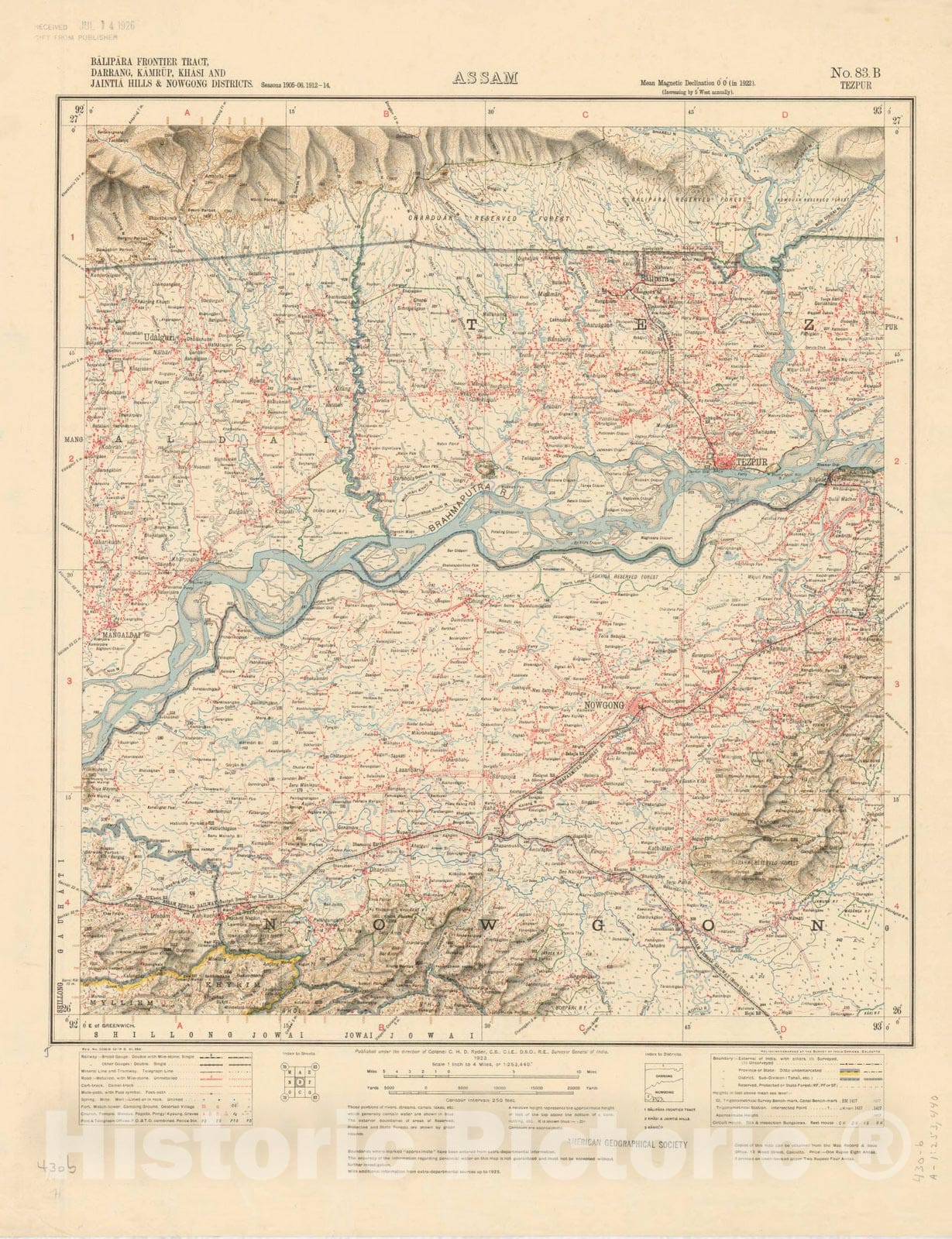 Historic Map : Balipara Frontier Tract, Darrang, Kamrup, Khasi and Jaintia Hills & Nowgong Districts, Assam No. 83 B, Tezpur, 1923, India 1:253,440, Antique Vintage Reproduction