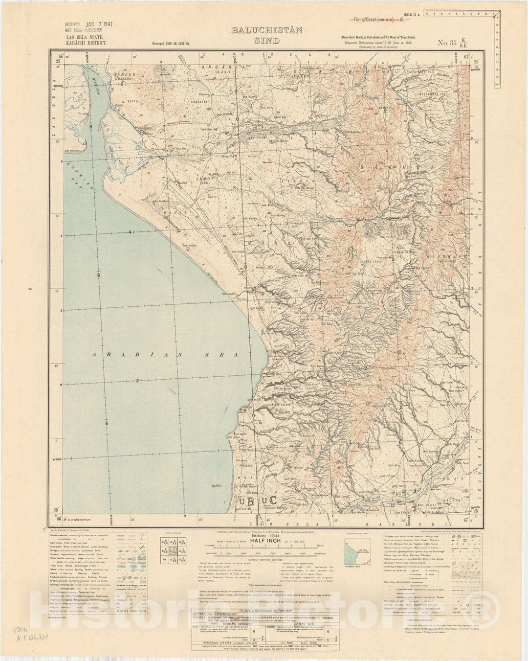 Map : Las Bela State, Karachi District, Baluchistan, Sind, No. 35 K/S.E. 1941, India and adjacent countries, Antique Vintage Reproduction