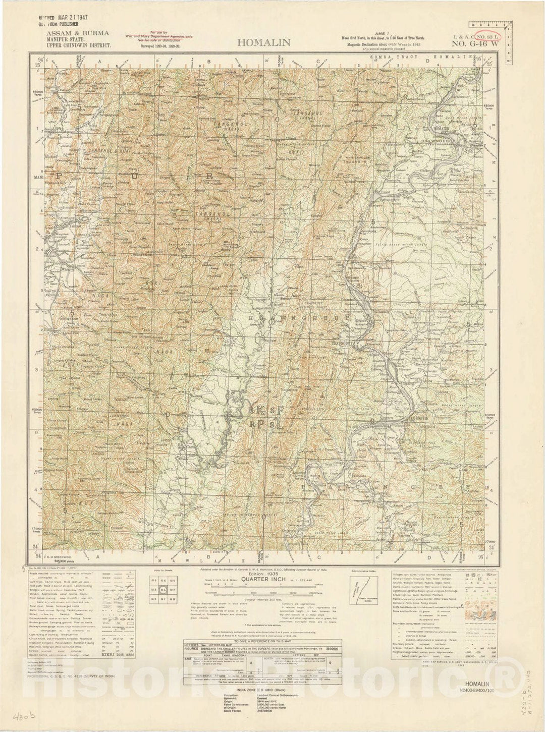 Map : Assam & Burma, Manipur State, Upper Chindwin District, Homalin, No. 83 L 1942, India 1:253,440, Antique Vintage Reproduction