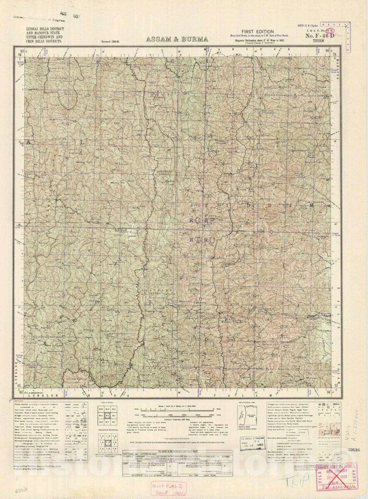 Map : Lushai Hills District and Manipur State, Upper Chindwin and Chin Hills Districts, Assam & Burma, 84 E Tiddim 1942, India 1:253,440, Antique Vintage Reproduction