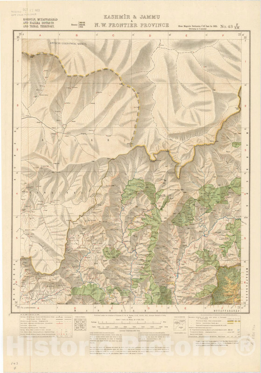 Map : Kohistan, Muzaffarabad and Hazara Districts and Tribal Territory, Kashmir & Jammu & N.W. Frontier Province, No. 43 F/N.W. 1922, India and adjacent countries