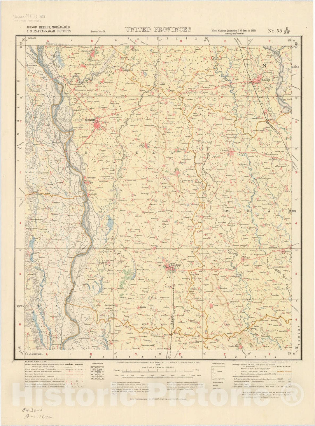 Map : Bijnor, Meerut, Moradabad & Muzaffarnagar District, United Provinces, No. 53 K/S.W. 1922, India and adjacent countries, Antique Vintage Reproduction