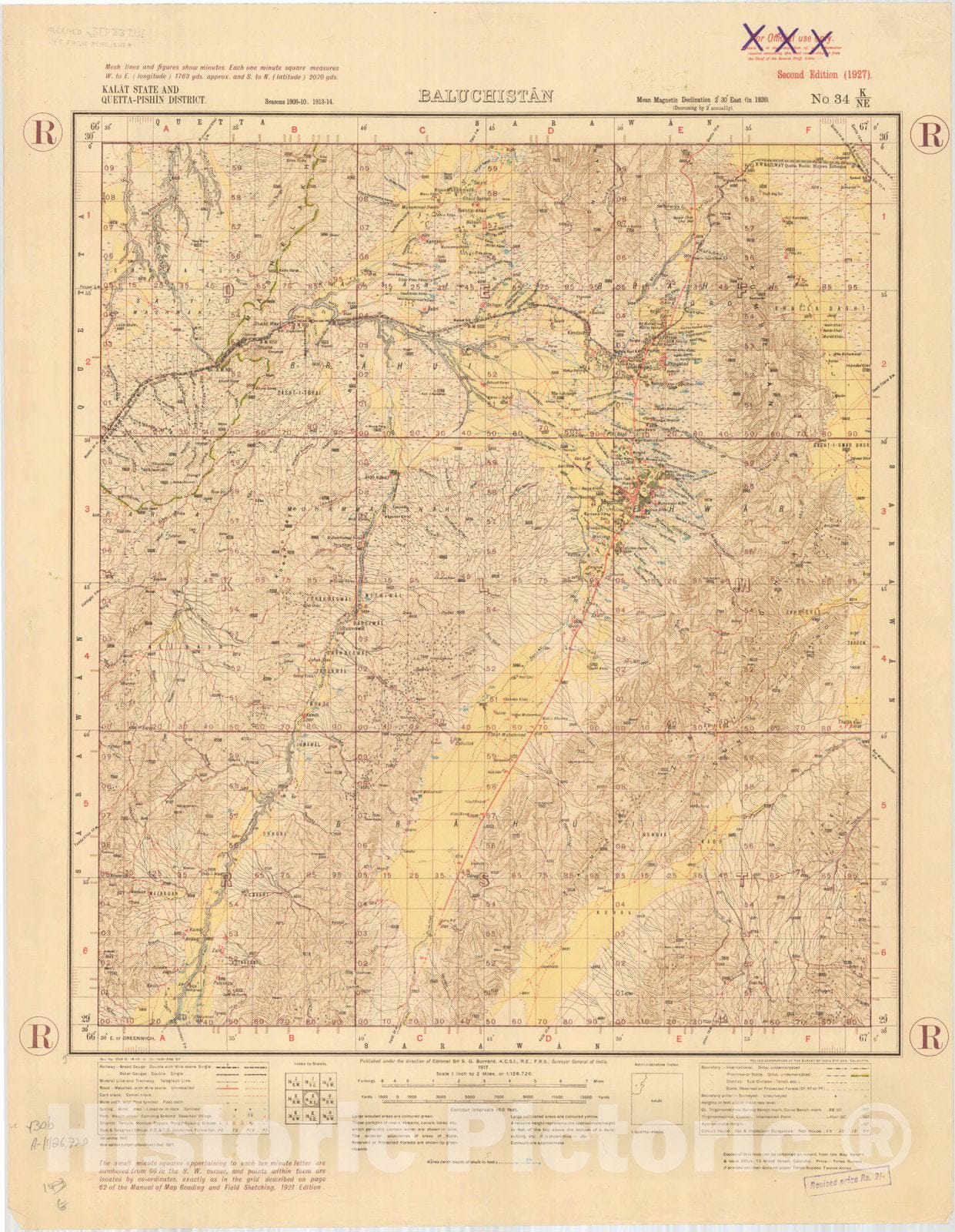 Map : Kalat State and Quetta-Pishin District, Baluchistan, No. 34 K/N.E. 1921, India and adjacent countries, Antique Vintage Reproduction