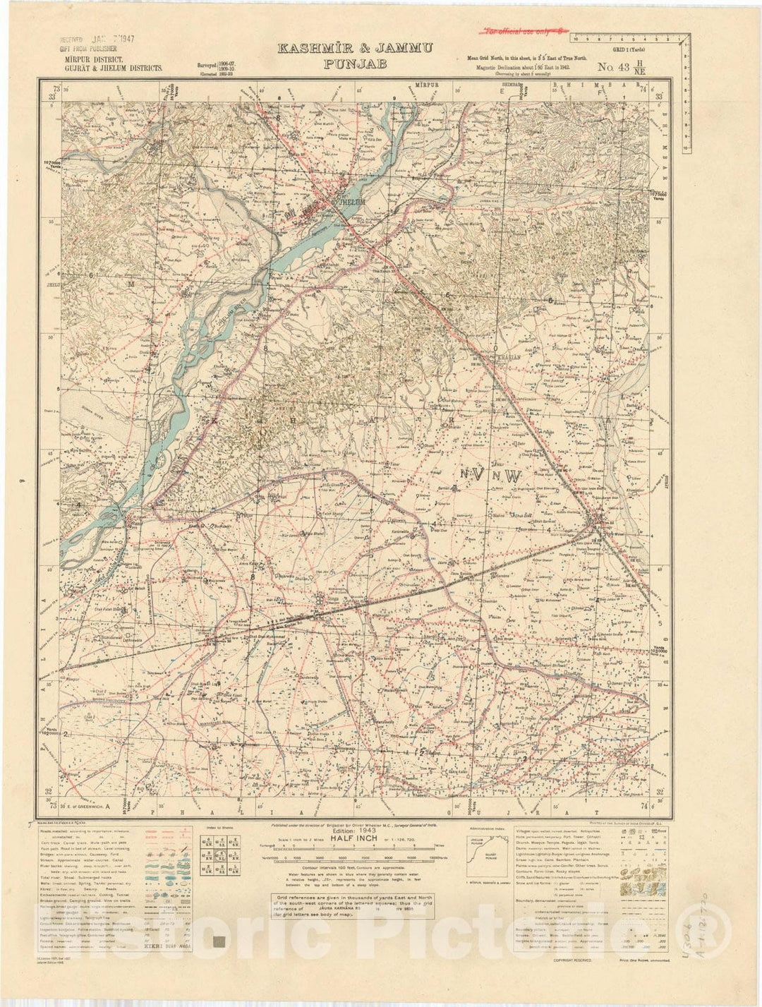 Map : Mirpur District, Gujrat & Jhelum Districts, Kashmir & Jammu, Punjab, No. 43 H/N.E. 1943, India and adjacent countries, Antique Vintage Reproduction