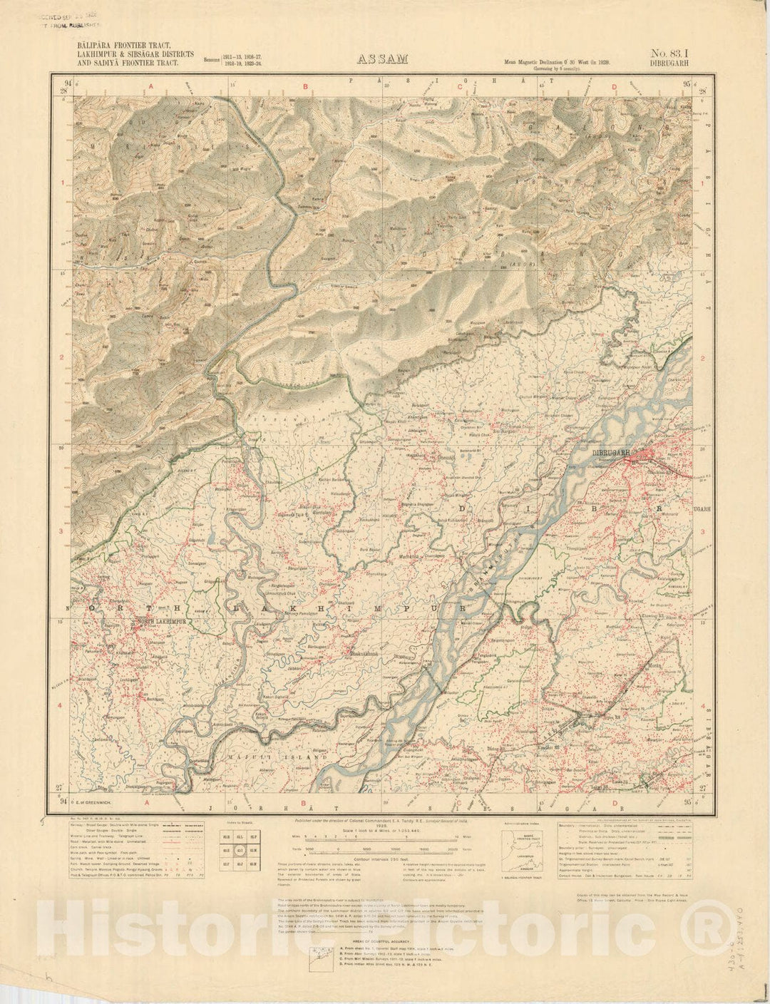 Map : Balipara Frontier Tract, Lakhimpur & Sibsagar Districts and Sadiya Frontier Tract, Assam No. 83 I, Dibrugarh 1928, India 1:253,440, Antique Vintage Reproduction