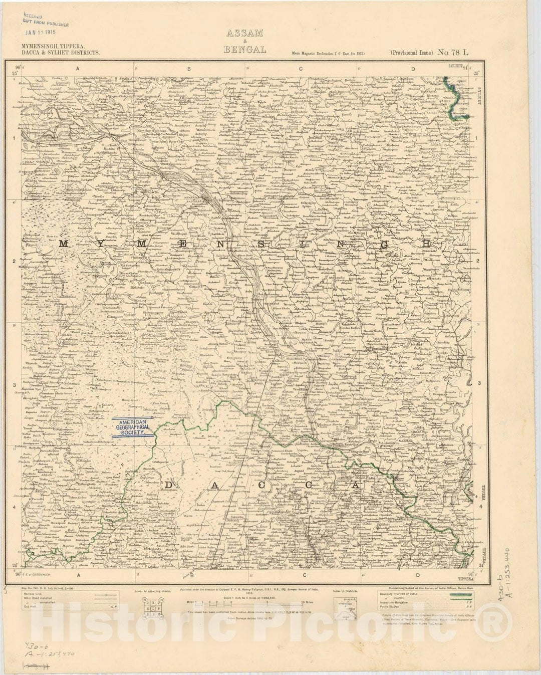 Map : Mymensingh, Tippera, Dacca & Sylhet Districts, Assam & Bengal, No. 78 L 1913, India 1:253,440, Antique Vintage Reproduction