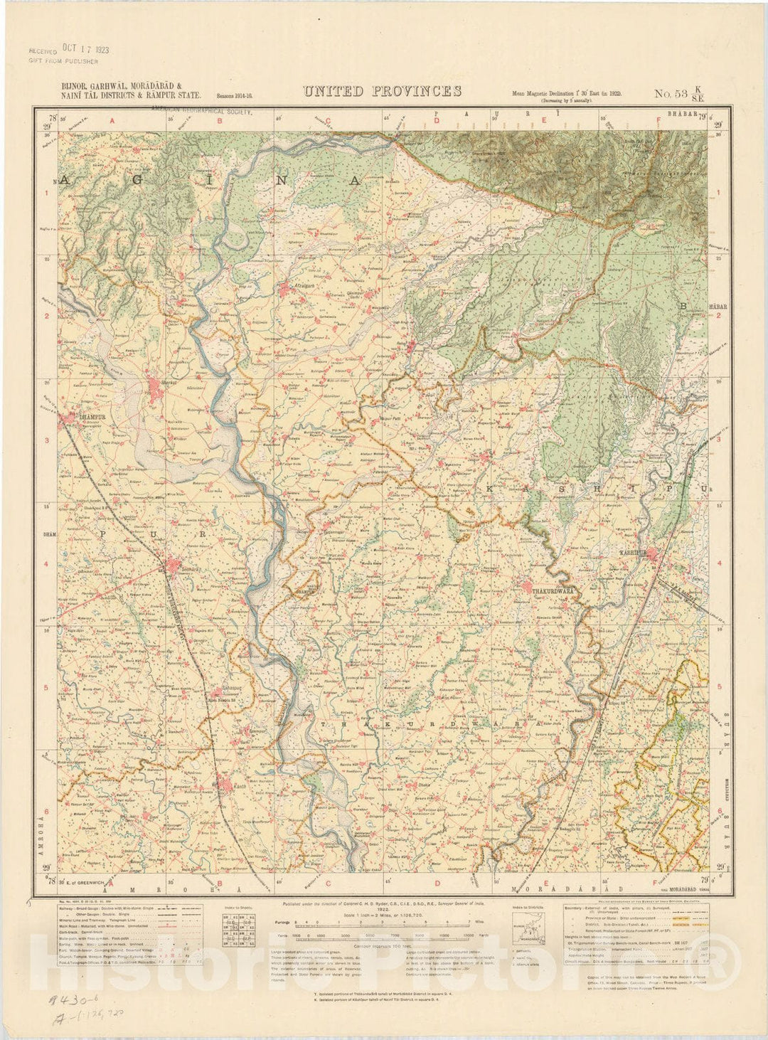 Map : Bijnor, Garhwal, Moradabad & Naini Tal Districts & Rampur State, United Provinces, No. 53 K/S.E. 1922, India and adjacent countries, Antique Vintage Reproduction