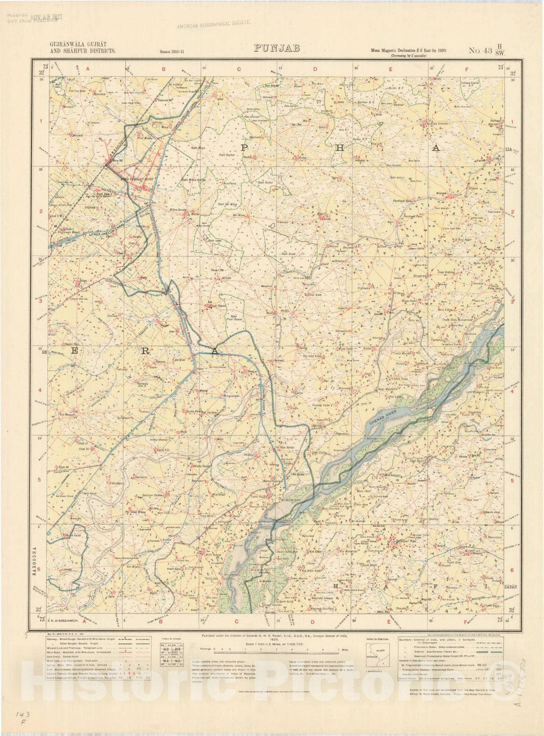 Map : Gujranwala Gujrat and Shahpur Districts, Punjab, No. 43 H/S.W. 1920, India and adjacent countries, Antique Vintage Reproduction