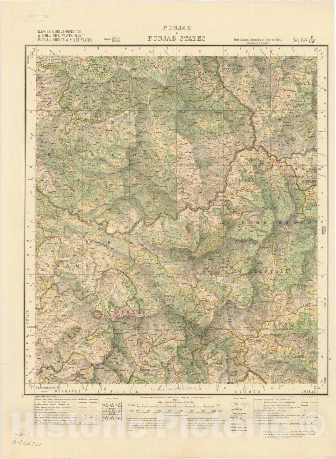 Map : Kangra & Simla Districts, & Simla Hill States, Mandi, Patiala, Sirmur & Suket States, Punjab & Punjab States, No. 53 E/S.W. 1925, India and adjacent countries