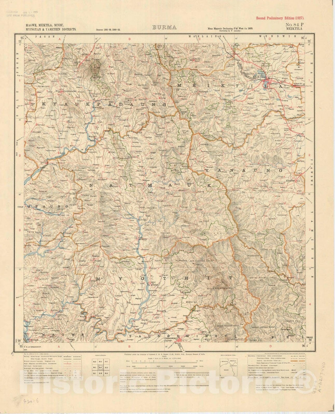 Map : Magwe, Meiktila, Minbu, Myingyan & Yamethin Districts, Burma, No. 84 P Meiktila 1927, India 1:253,440, Antique Vintage Reproduction