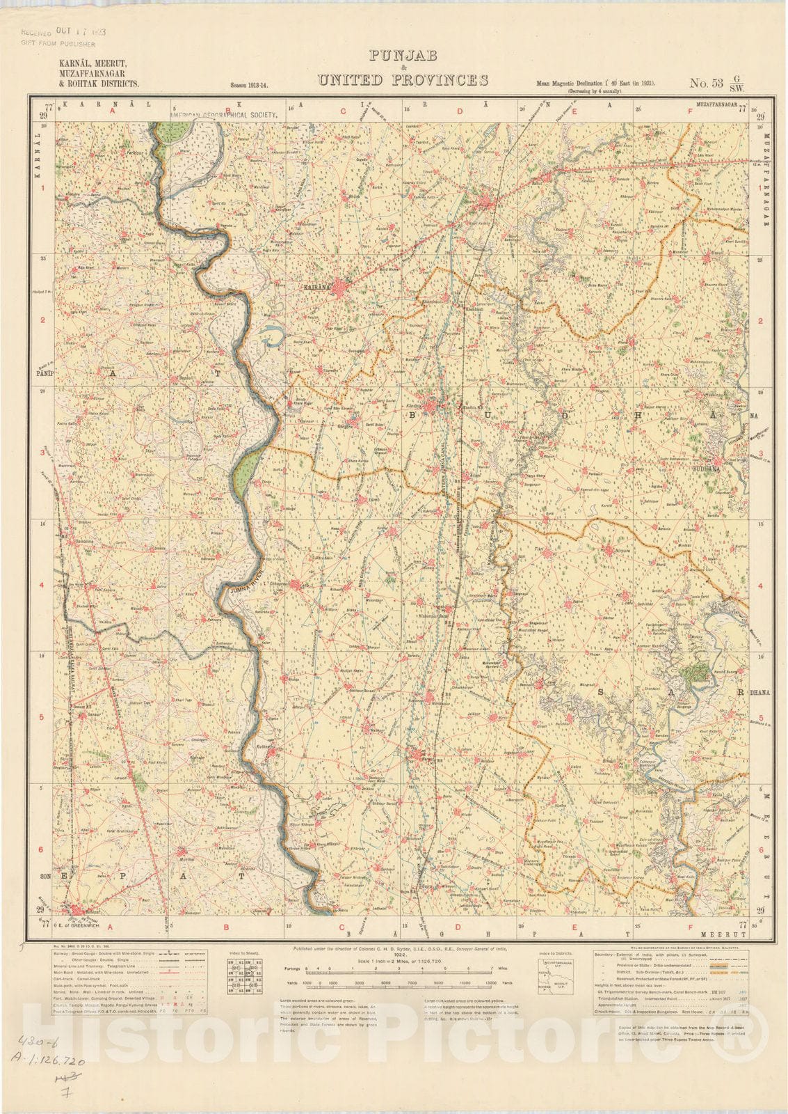 Map : Karnal, Meerut, Muzaffarnagar & Rohtak Districts, Punjab & United Provinces, No. 53 G/S.W. 1922 , India and adjacent countries, Antique Vintage Reproduction