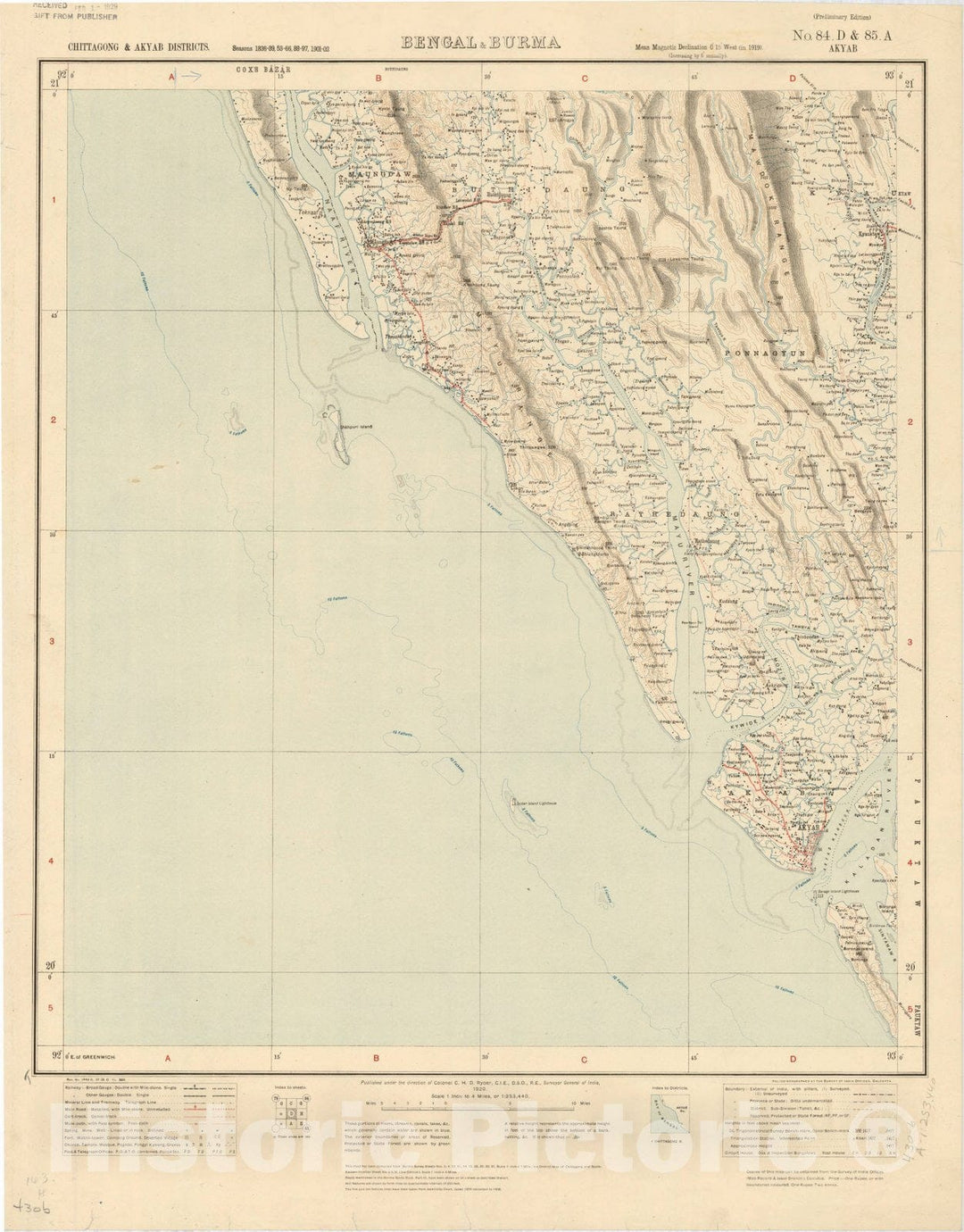 Map : Chittagong & Akyab Districts, Bengal & Burma, No. 84 D & 85 A Akyab 1920, India 1:253,440, Antique Vintage Reproduction