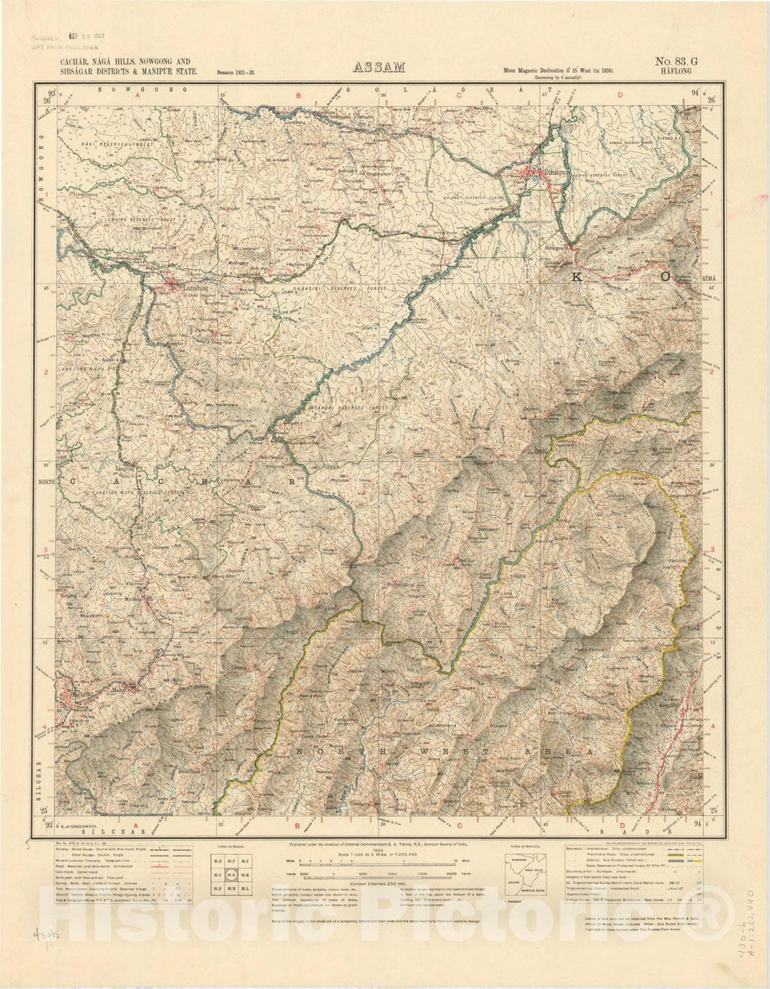 Map : Cachar, Naga Hills, Nowgong and Sibsagar Districts & Manipur State, Assam, No. 83 G Haflong 1925, India 1:253,440, Antique Vintage Reproduction