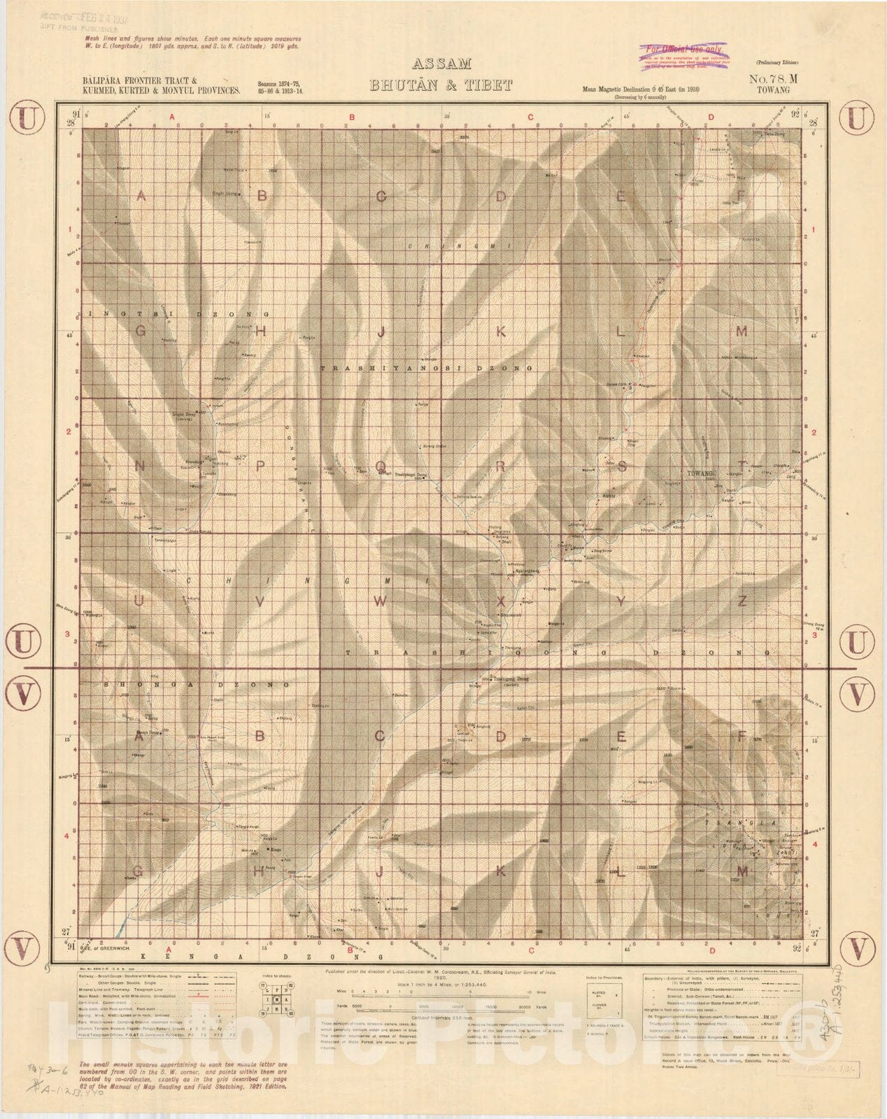 Map : Balipara Frontier Tract & Kurmed, Kurted & Monyul Provinces, Assam, Bhutan & Tibet, No. 78 M 1920, India 1:253,440, Antique Vintage Reproduction