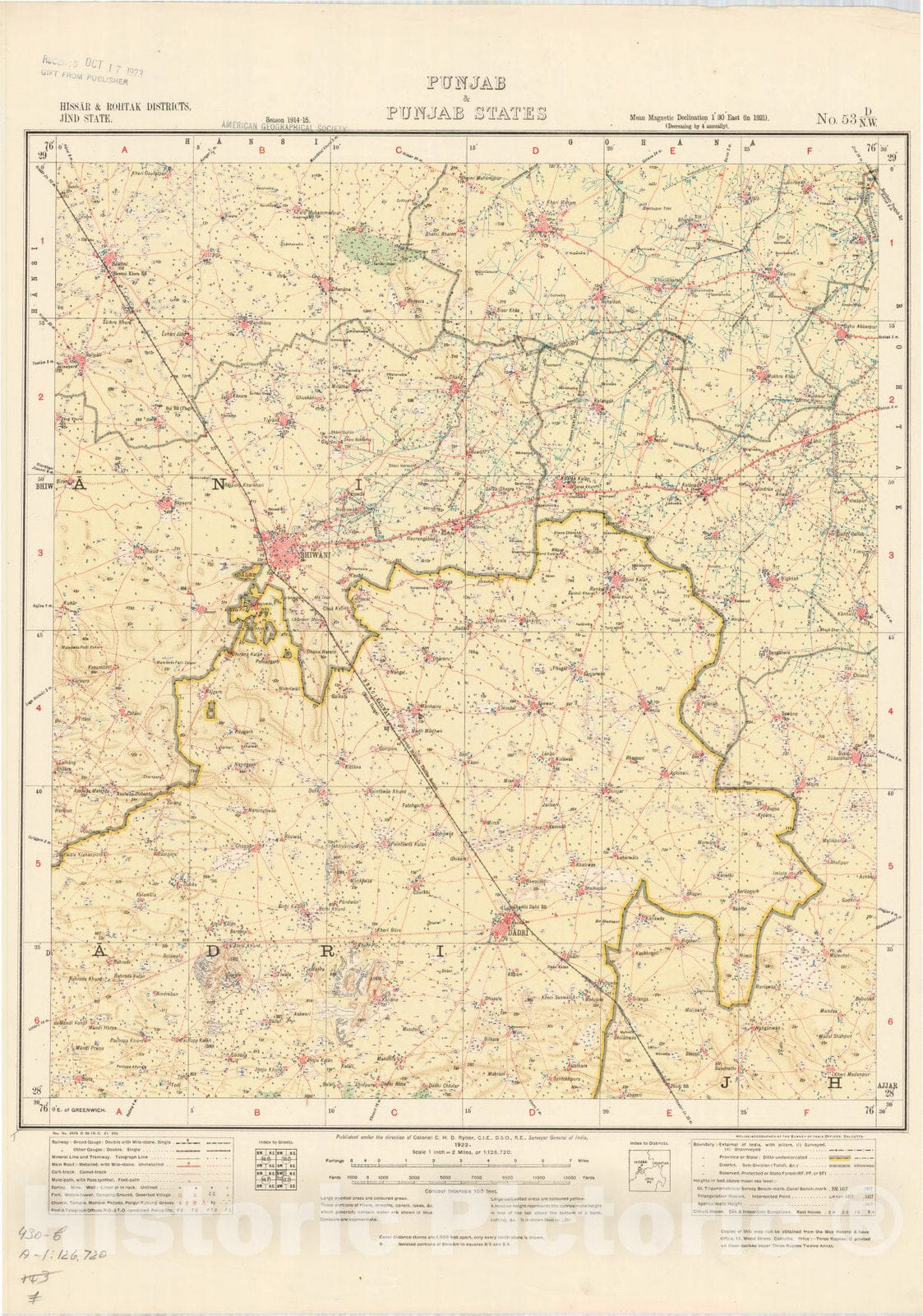 Map : Hissar & Rohtak Districts, Jind State, Punjab & Punjab States, No. 53 D/N.W. 1922, India and adjacent countries, Antique Vintage Reproduction