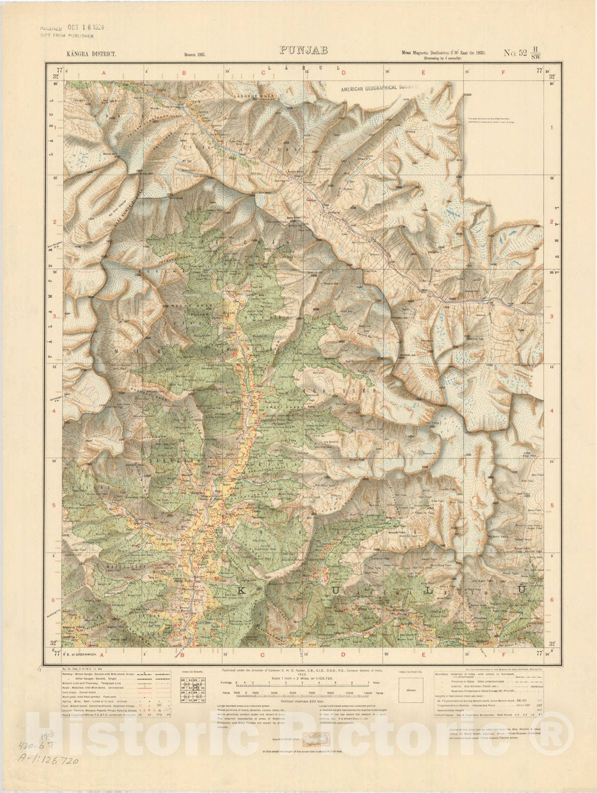 Map : Kangra District, Punjab, No. 52 H/S.W. 1945, India and adjacent countries, Antique Vintage Reproduction