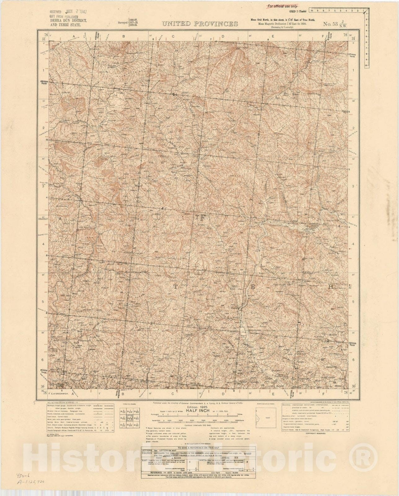 Map : Dehra Dun District, and Tehri State, United Provinces, No. 53 J/N.W. 1943, India and adjacent countries, Antique Vintage Reproduction