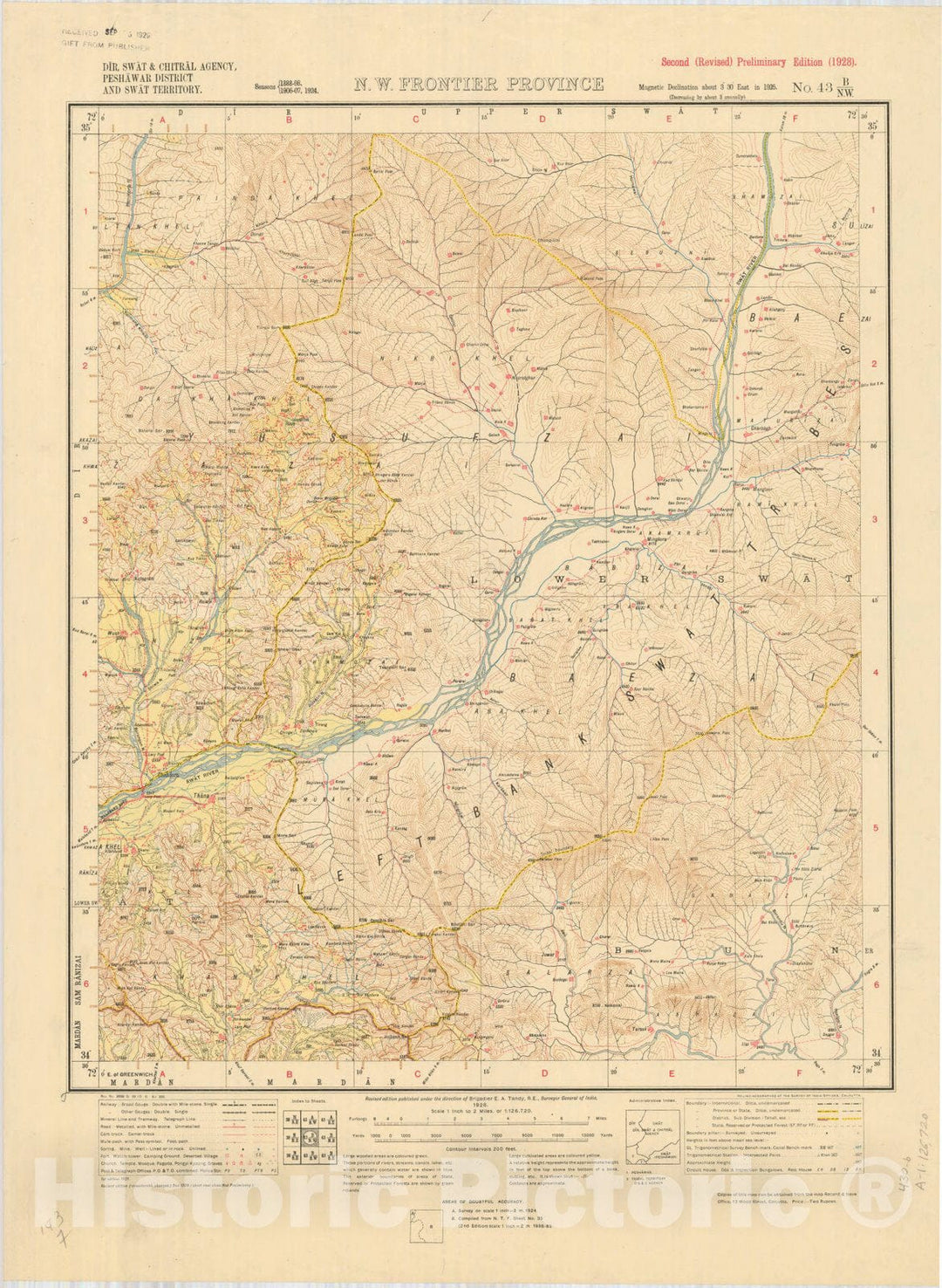 Historic Map : Dir, Swat & Chitral Agency, Peshawar District and Swat Territory, N.W. Frontier Province, No. 43 B/N.W. 1928, India and adjacent countries, Antique Vintage Reproduction