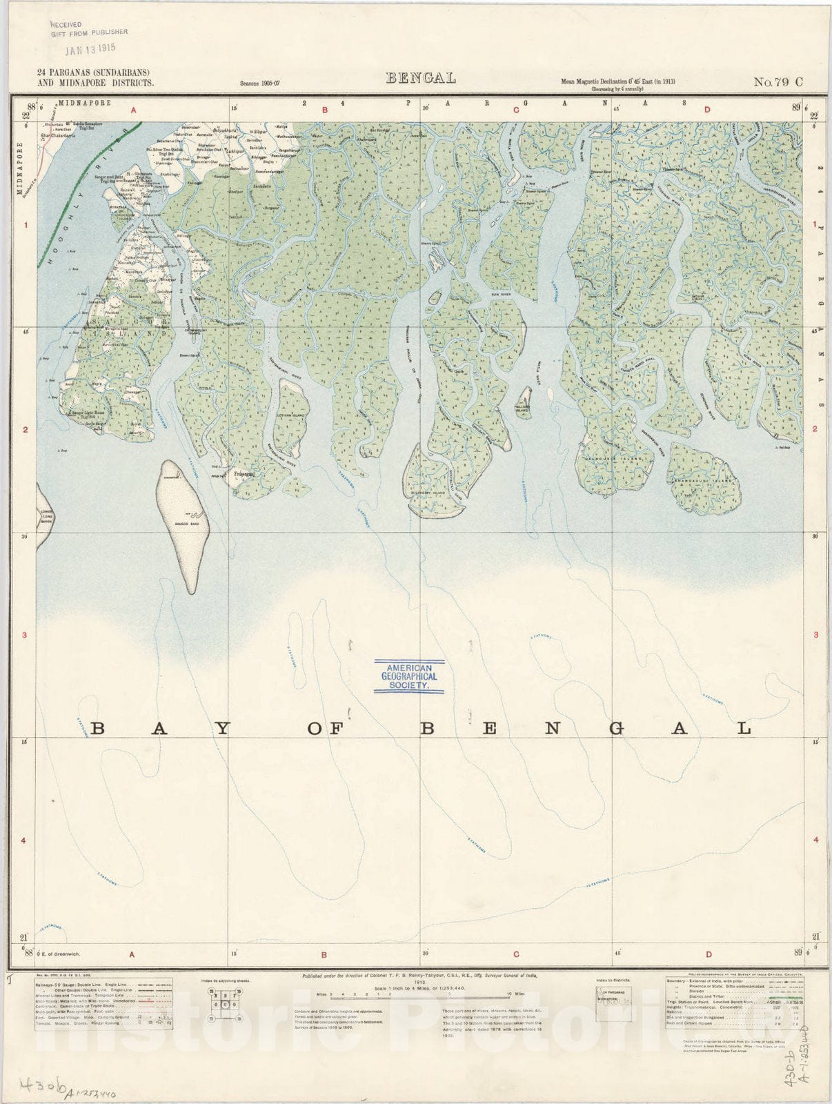 Map : Midnapore District, India 1913, India 1:253,440. 24 Parganas (Sundarbans) and Midnapore Districts, Bengal No. 79 C 1913, Antique Vintage Reproduction