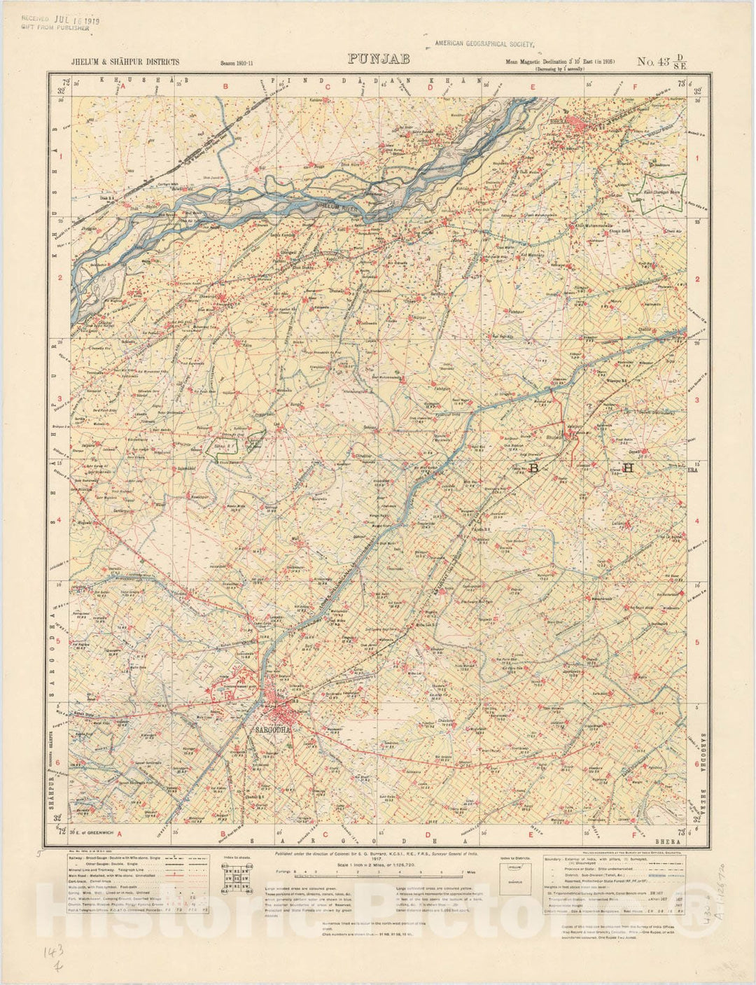 Map : Jhelum & Shahpur Districts, Punjab, No. 43 D/S.E. 1917, India and adjacent countries, Antique Vintage Reproduction