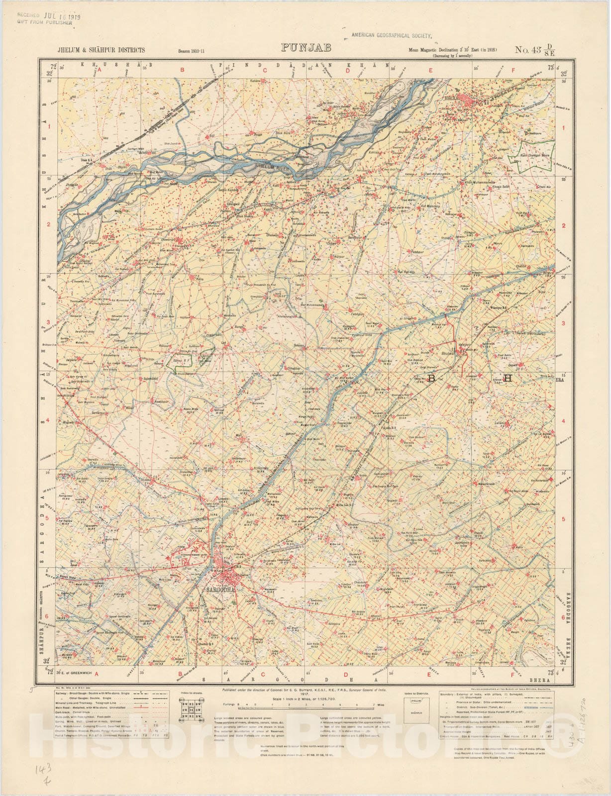 Map : Jhelum & Shahpur Districts, Punjab, No. 43 D/S.E. 1917, India and adjacent countries, Antique Vintage Reproduction