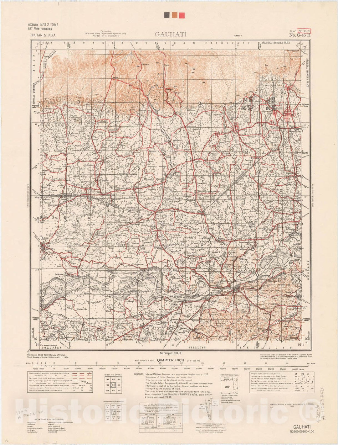 Map : Bhutan & India, Gauhati, No. 78 N 1944, India 1:253,440, Antique Vintage Reproduction