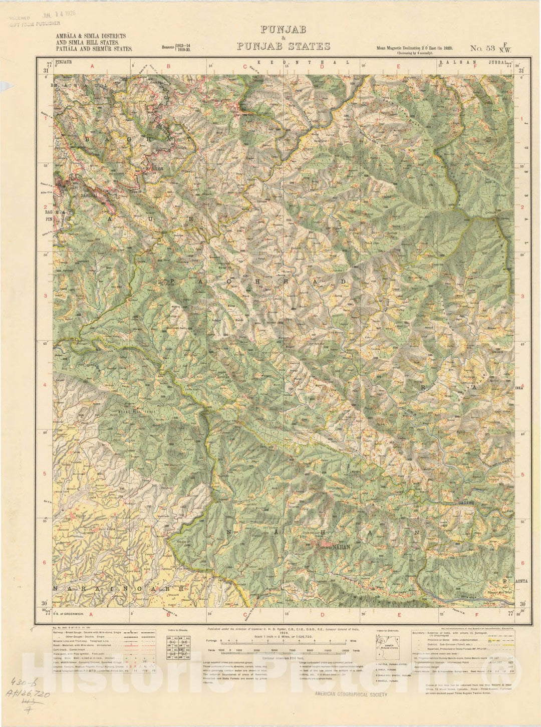 Map : Ambala & Simla Districts and Simla Hill States, Patiala and Sirmur States, PUnjab & Punjab States, No. 53 F/N.W. 1924, India and adjacent countries