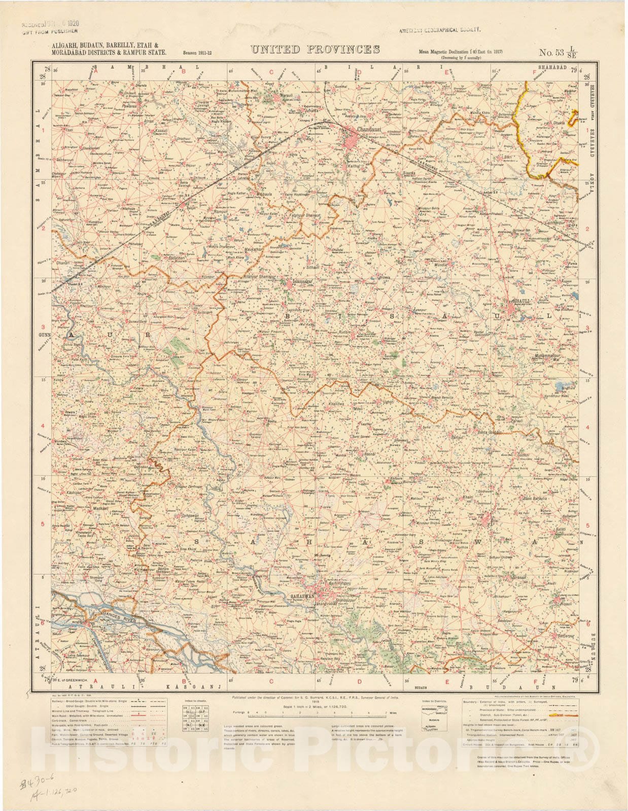 Historic Map : Aligarh, Budaun, Bareilly, Etah & Moradabad Districts & Rampur State, United Provinces, No. 53 L/S.E. 1918, India and adjacent countries, Antique Vintage Reproduction