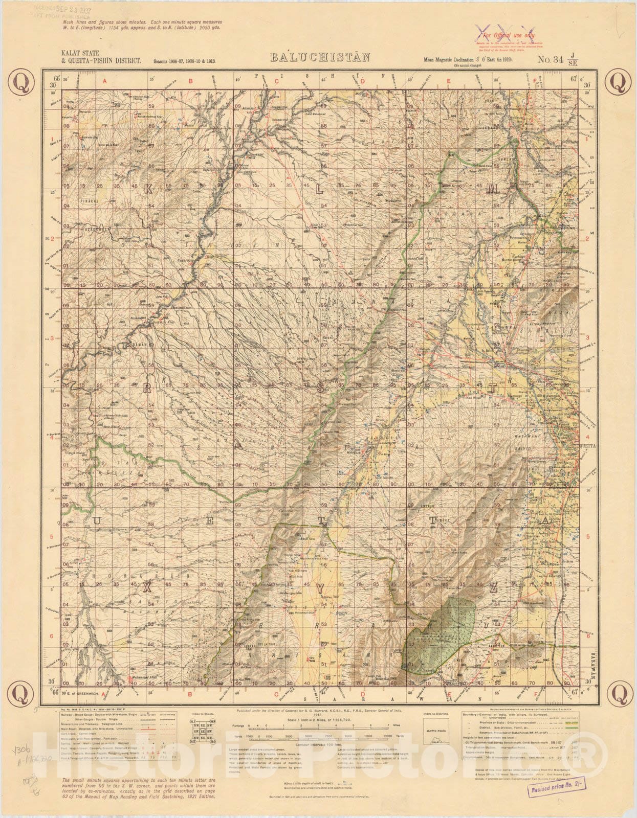 Map : Kalat State & Quetta-Pishin District, Baluchistan, No. 34 J/S.E. 1921, India and adjacent countries, Antique Vintage Reproduction