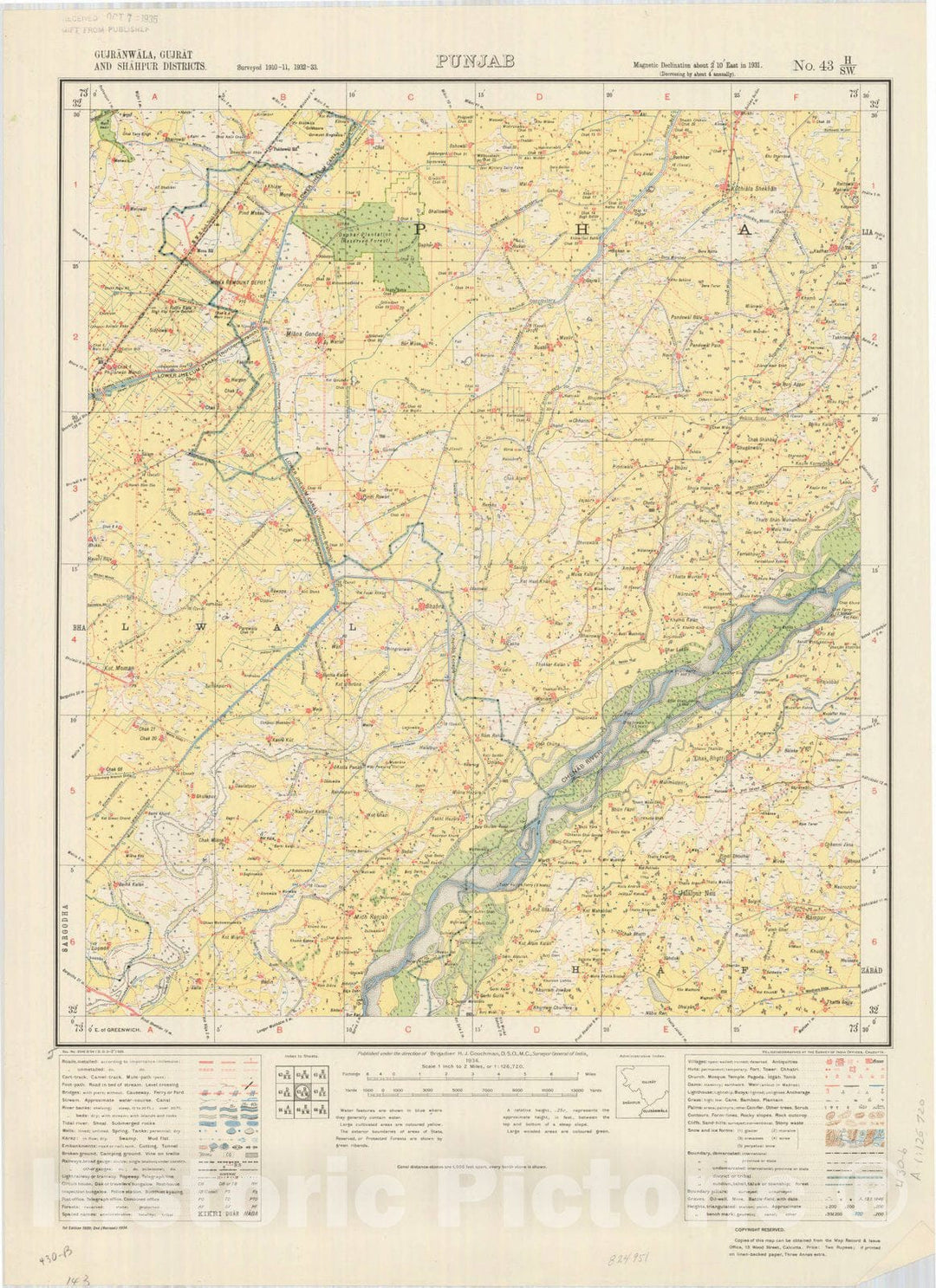 Map : Gujranwala, Gufrat and Shahpur Districts, Punjab, No. 43 H/S.W. 1934, India and adjacent countries, Antique Vintage Reproduction